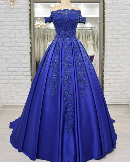 Off Shoulder Long Satin Evening Dresses Lace Embroidery