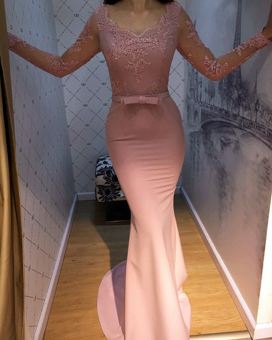 Illusion Long Sleeves V-neck Mermaid Prom Dresses Lace Appliques Evening Gown