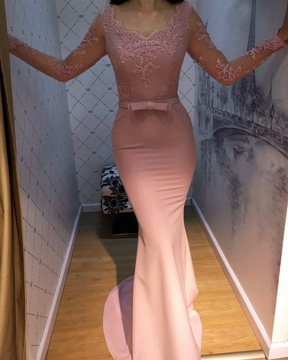 Illusion Long Sleeves V-neck Mermaid Prom Dresses Lace Appliques Evening Gown