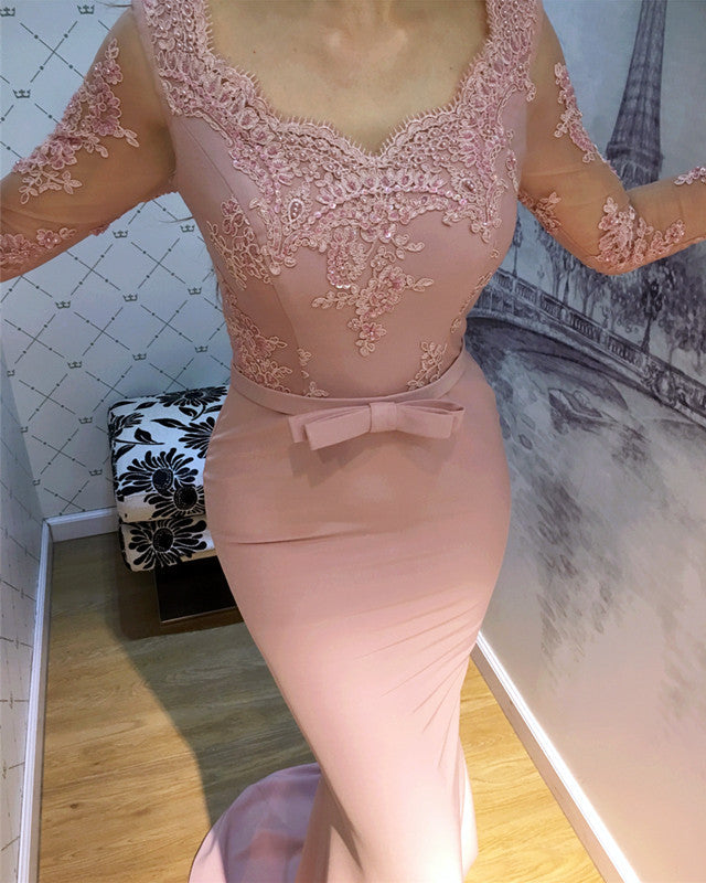 Illusion Long Sleeves V-neck Mermaid Prom Dresses Lace Appliques Evening Gown