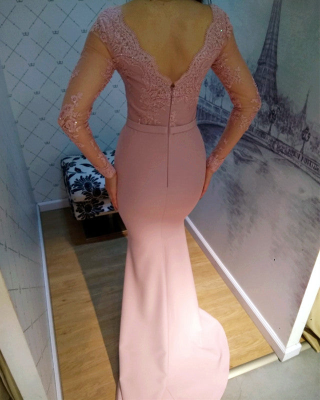 Illusion Long Sleeves V-neck Mermaid Prom Dresses Lace Appliques Evening Gown
