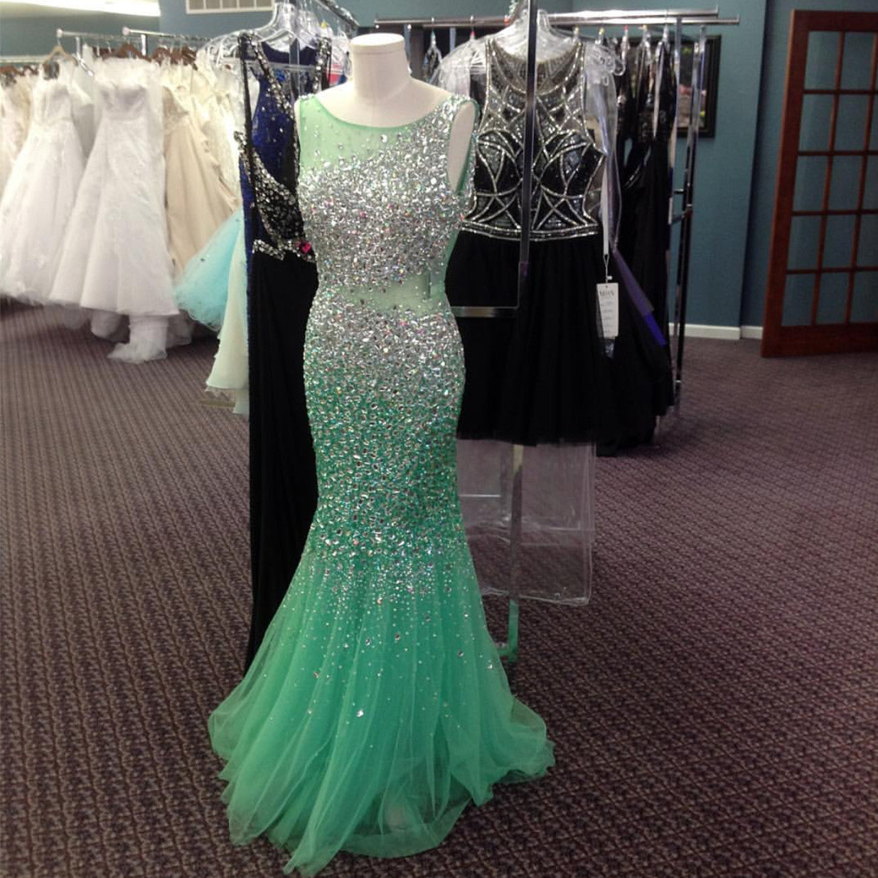 Scoop Neck Mermaid Crystal Beaded Gown