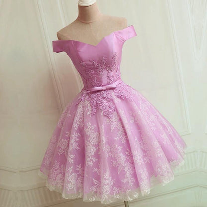 Elegant Lace Appliques Satin Off The Shoulder Homecoming Dress Short CL4121