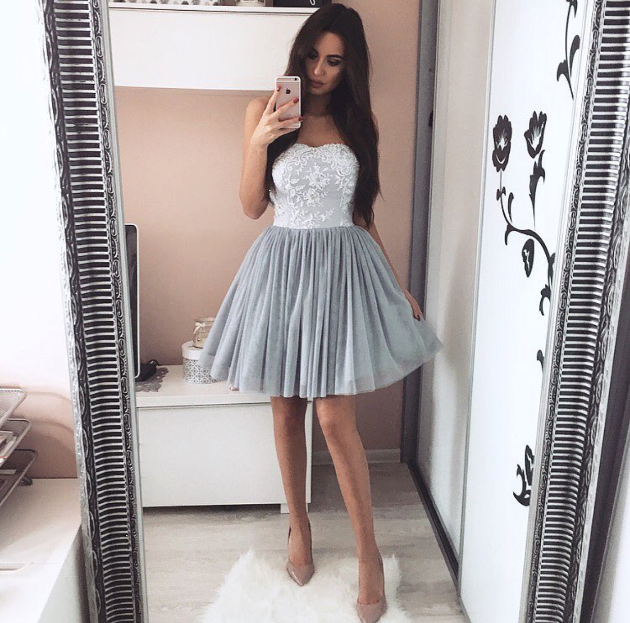 Cute A-line Pleated Tulle Homecoming Dresses Lace Appliques Sweetheart