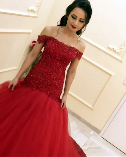 Beaded Lace Mermaid Evening Dress Off Shoulder Prom Gowns
