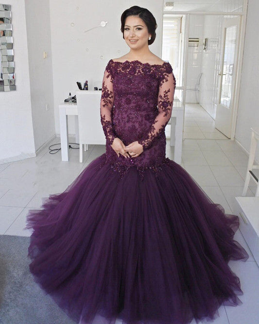 Long Sleeves Lace Mermaid Prom Dresses Plus Size Formal Evening Gowns
