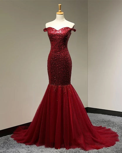 Burgundy Sequins Sweetheart Mermaid Off Shoulder Dress
