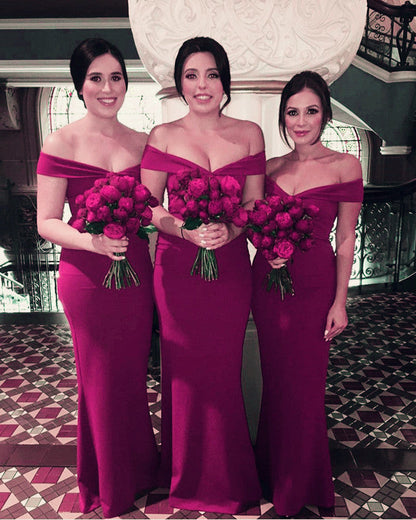 Simple V-neck Off The Shoulder Mermaid Floor Length Bridesmaid Dresses