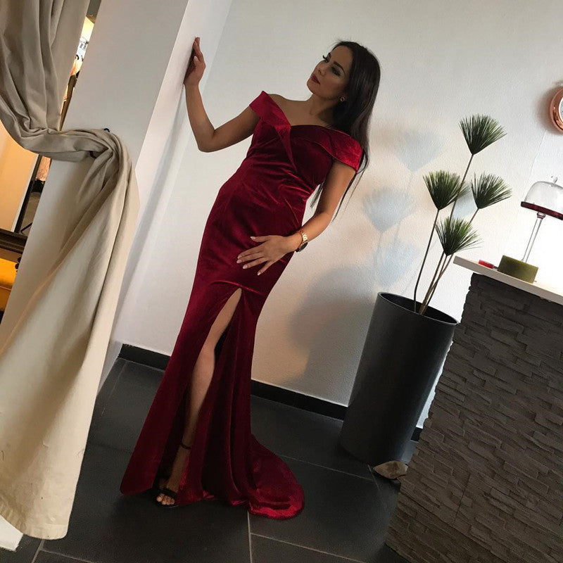 Burgundy Mermaid Velvet Dresses Off The Shoulder With Slit