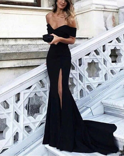 Navy Blue Mermaid V-neck Off Shoulder Prom Dresses