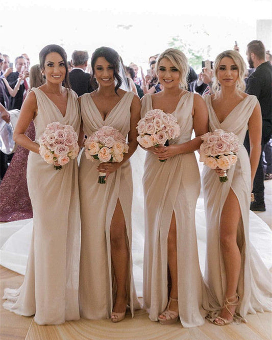 Sexy V-neck Long Tulle Leg Split Mermaid Bridesmaid Dresses