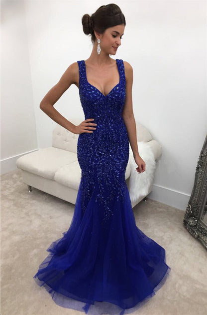 Royal Blue Crystal Beaded Mermaid Backless Evening Gowns