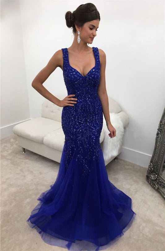 Royal Blue Crystal Beaded Mermaid Backless Evening Gowns
