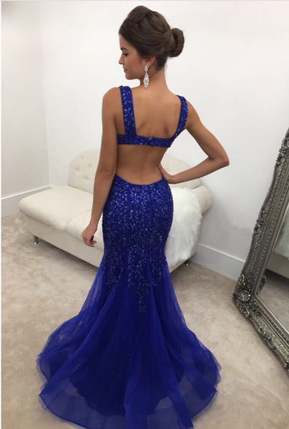 Royal Blue Crystal Beaded Mermaid Backless Evening Gowns