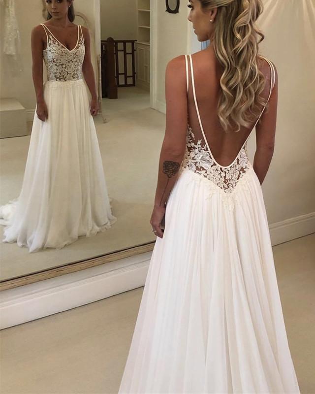 Chiffon Wedding Beach Dresses Lace V Neck