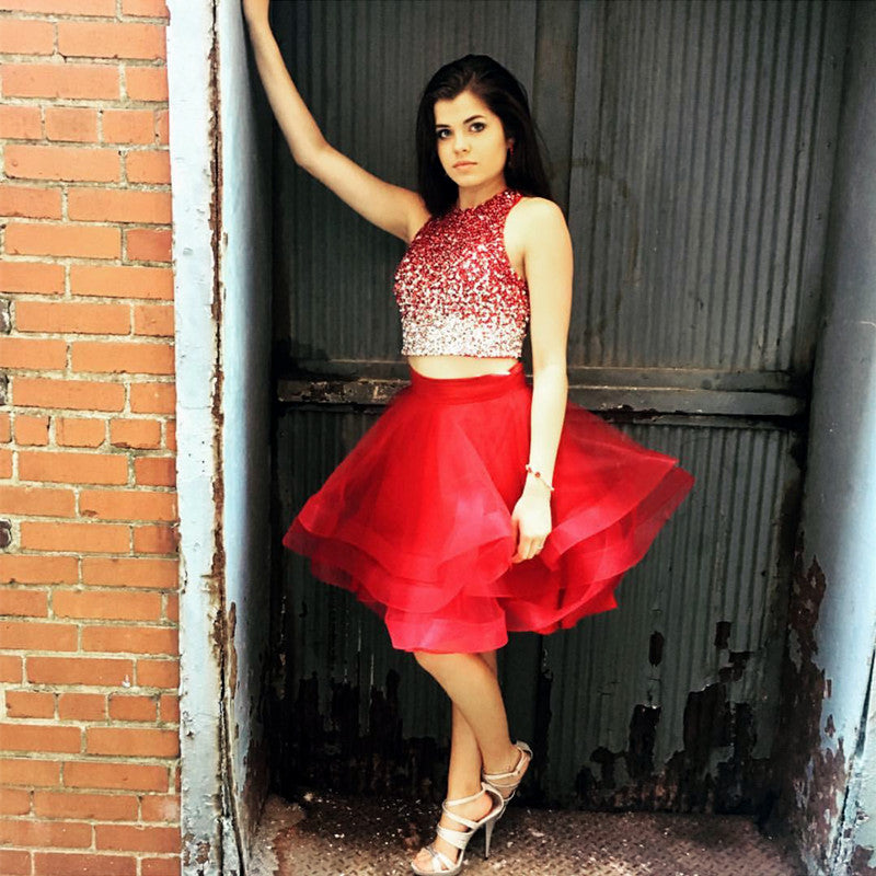 Ombre Sequins Beaded Ruffle Homecoming Dresses Two Piece