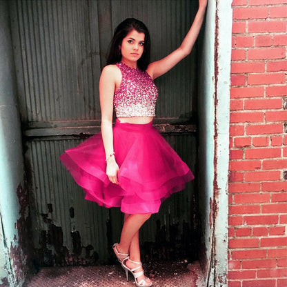Ombre Sequins Beaded Ruffle Homecoming Dresses Two Piece