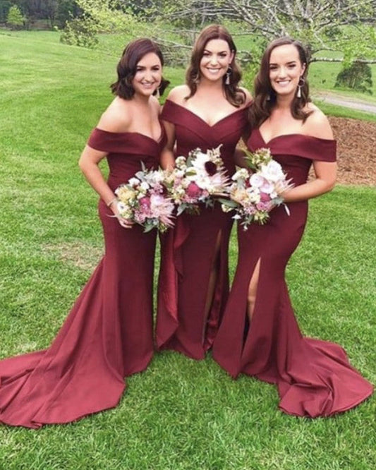 Mermaid V-neck Off Shoulder Satin Prom Evening Dresses