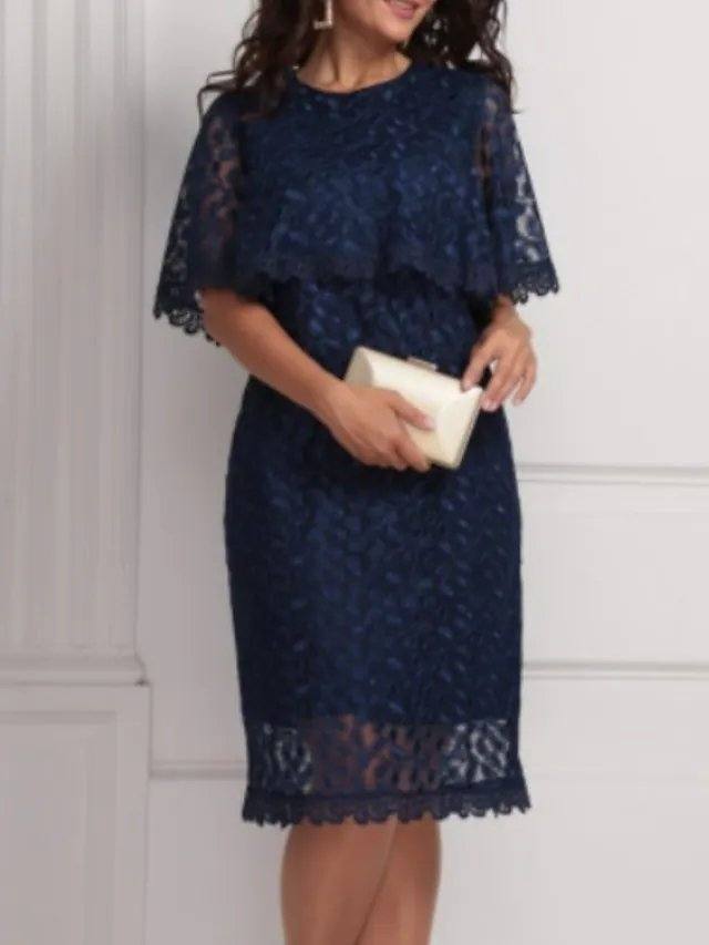 Sheath / Column Mother of the Bride Dress Elegant Jewel Neck Knee Length Lace Half Sleeve with Lace Appliques - RongMoon