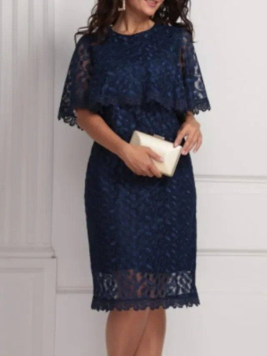 Sheath / Column Mother of the Bride Dress Elegant Jewel Neck Knee Length Lace Half Sleeve with Lace Appliques - RongMoon