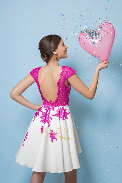 A-line V-Neck Lace Short Prom Dresses with Cap Sleeves