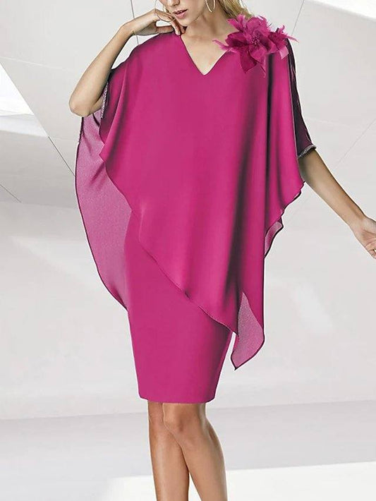 Sheath / Column Mother of the Bride Dress Elegant V Neck Knee Length Chiffon Sleeveless with Flower - RongMoon