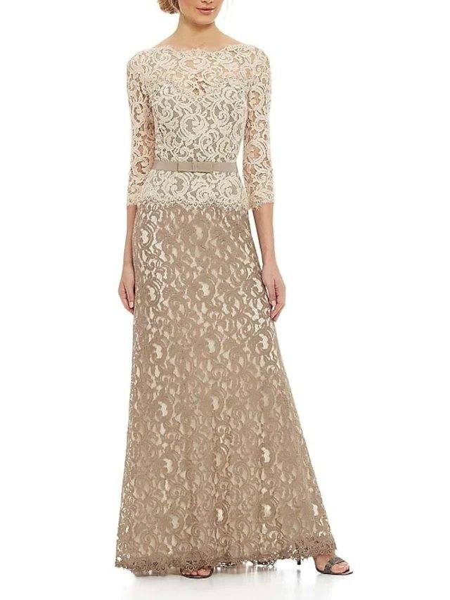 A-Line Mother of the Bride Dress Elegant Bateau Neck Floor Length Polyester 3/4 Length Sleeve with Sash / Ribbon Embroidery - RongMoon