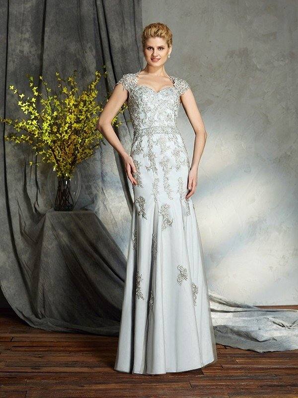 Sheath/Column Sweetheart Applique Sleeveless Long Satin Mother of the Bride Dresses - RongMoon