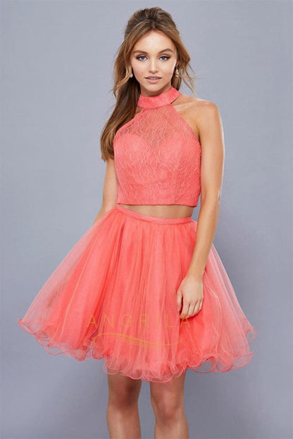 Chic Two-Piece Sleeveless Halter Short Formal Cocktail Dresses