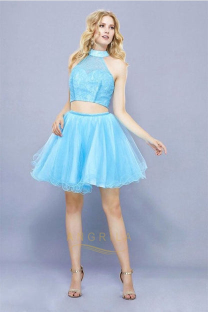 Chic Two-Piece Sleeveless Halter Short Formal Cocktail Dresses