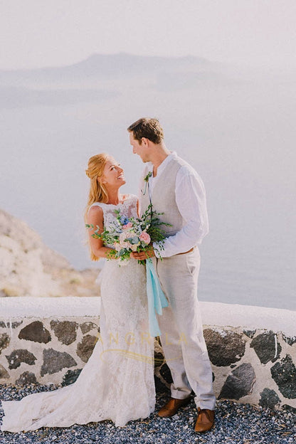 Trumpet/Mermaid Bateau Neckline Open Back Lace Wedding Dresses