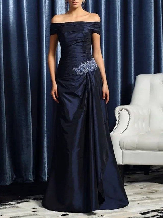 Sheath / Column Mother of the Bride Dress Elegant Off Shoulder Floor Length Lace Taffeta Short Sleeve with Appliques Ruching - RongMoon