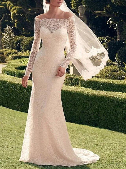 Mermaid / Trumpet Wedding Dresses Off Shoulder Sweep / Brush Train Lace Long Sleeve Romantic Sexy See-Through with Embroidery - RongMoon