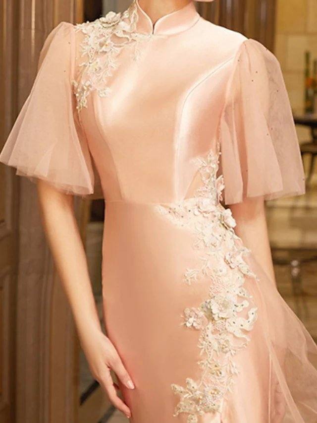 Sheath / Column Minimalist Sexy Engagement Formal Evening Dress Jewel Neck Short Sleeve Floor Length Satin Tulle with Ruffles Split Appliques - RongMoon