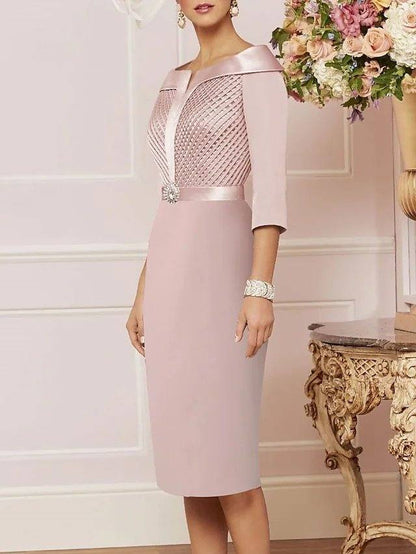 Sheath / Column Mother of the Bride Dress Elegant Jewel Neck Knee Length Satin 3/4 Length Sleeve with Sash / Ribbon Crystal Brooch - RongMoon