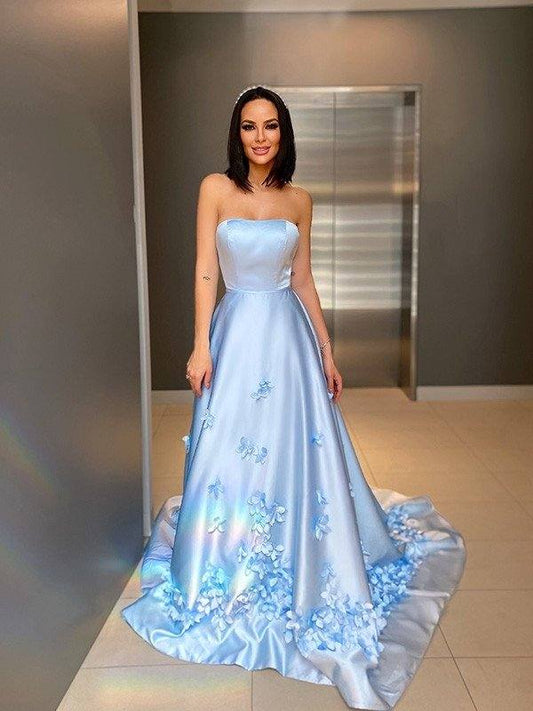 A-Line/Princess Satin Hand-Made Flower Strapless Sleeveless Sweep/Brush Train Dresses - RongMoon