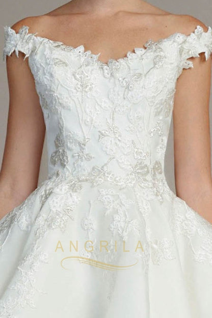 Silk Off-the-Shoulder Ball Gown Wedding Dresses with Lace Appliques