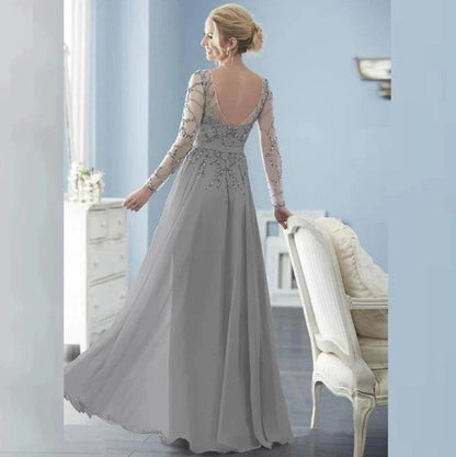 Silver Mother Of The Bride Dresses A-line Long Sleeves Chiffon Beaded Backless Plus Size Long Groom Mother Dresses Wedding - RongMoon