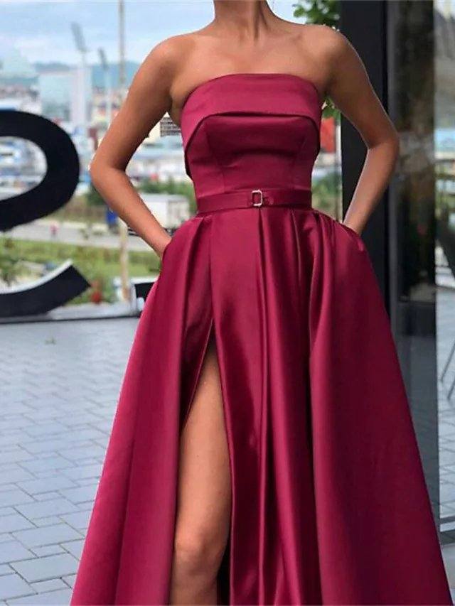 A-Line Minimalist Sexy Wedding Guest Prom Dress Strapless Sleeveless Floor Length Lace Tulle with Pleats Split - RongMoon