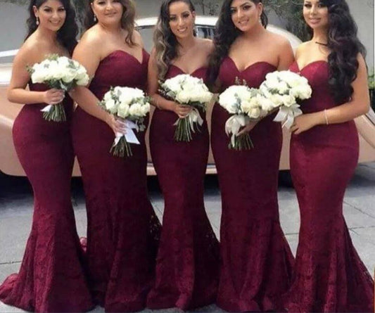 Burgundy Bridesmaid Dresses For Women Mermaid Sweetheart Lace Long Cheap Under 50 Wedding Party Dresses - RongMoon