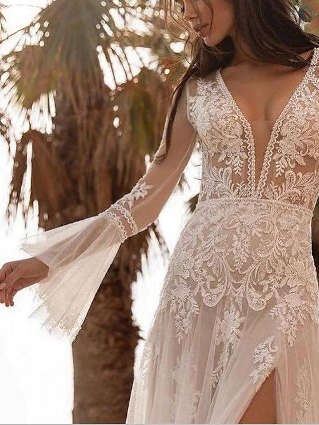 A-Line Wedding Dresses V Neck Sweep / Brush Train Lace Tulle Long Sleeve Beach Sexy Luxurious with Appliques - RongMoon