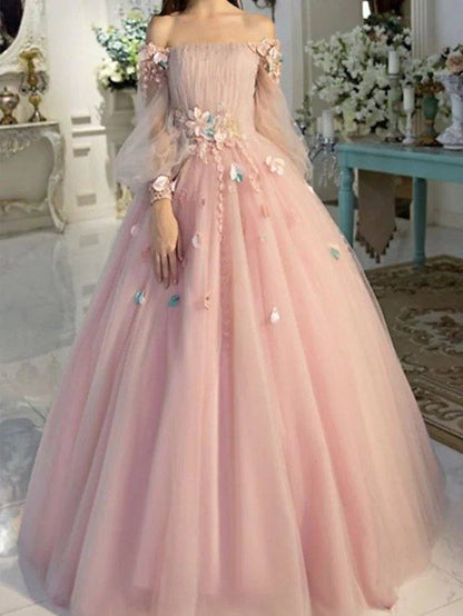 Ball Gown Elegant Floral Quinceanera Prom Dress Off Shoulder Long Sleeve Floor Length Tulle with Pleats Appliques - RongMoon