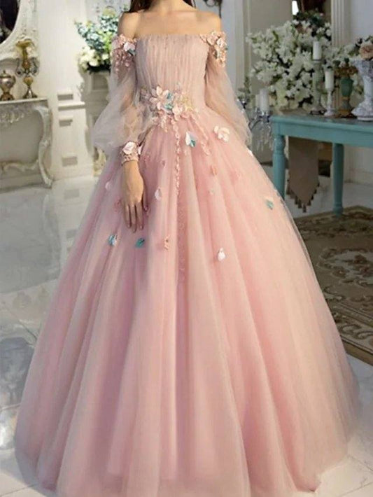 Ball Gown Elegant Floral Quinceanera Prom Dress Off Shoulder Long Sleeve Floor Length Tulle with Pleats Appliques - RongMoon