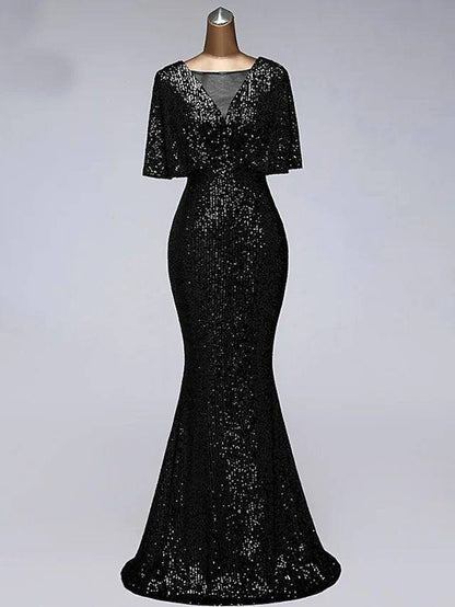Mermaid / Trumpet Sparkle Elegant Prom Formal Evening Dress Illusion Neck Half Sleeve Floor Length Sequined with Sequin Ruffles - RongMoon