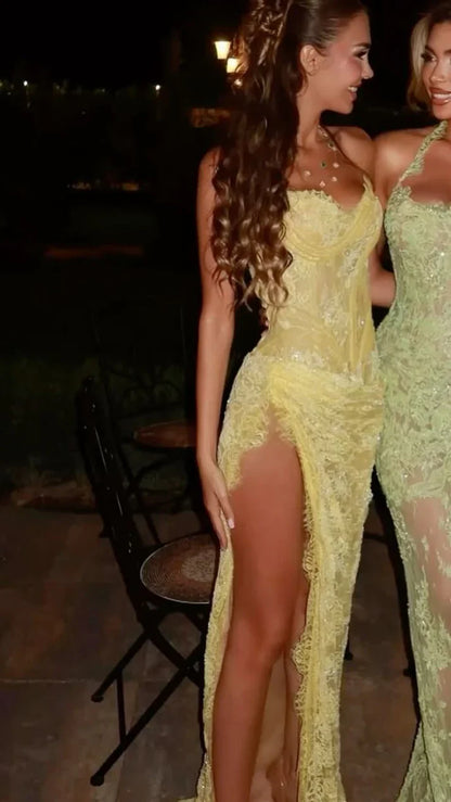 Elegant Pale Yellow Mermaid Strapless High-Slit Lace Long Prom Dress Evening Dress cc5116