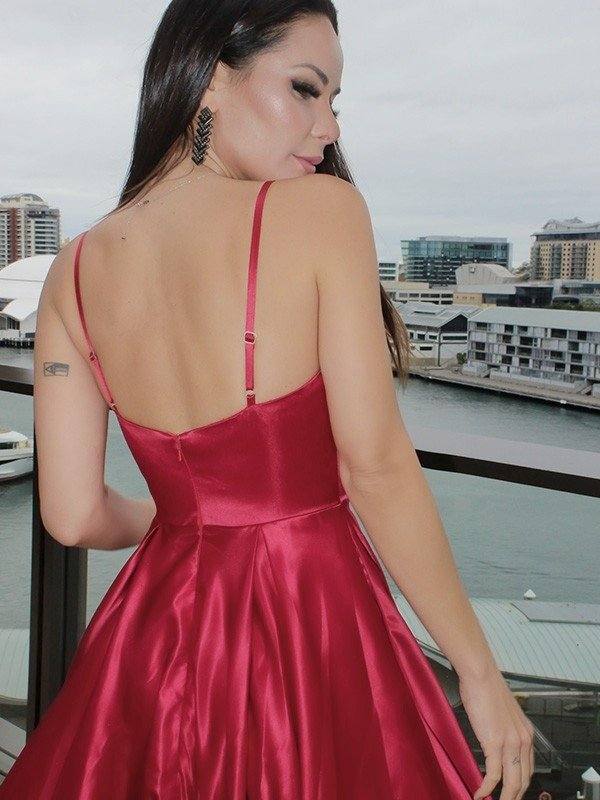 A-Line/Princess Sleeveless Ruffles V-neck Satin Floor-Length Dresses - RongMoon