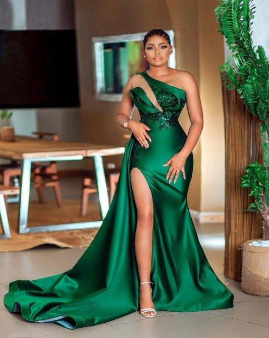 Green South African Prom Dresses Mermaid One-shoulder Appliques Slit Sexy Long Robe De Soiree Prom Gown Evening Dresses - RongMoon
