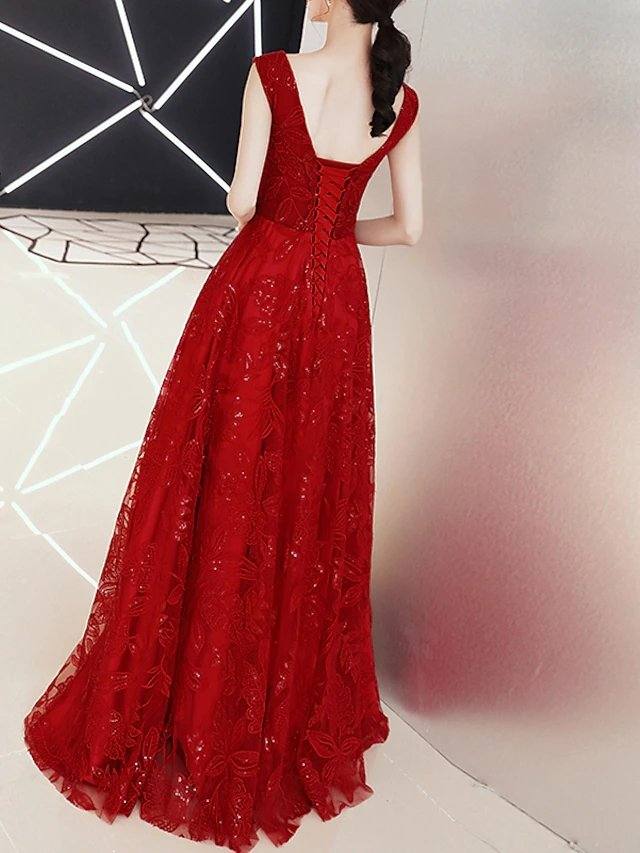 A-Line Elegant Floral Engagement Prom Dress V Neck Sleeveless Floor Length Lace Tulle with Appliques - RongMoon