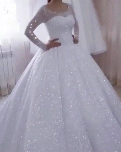 Bling Bling Sequin Wedding Dress Long Sleeves Ball Gown - RongMoon