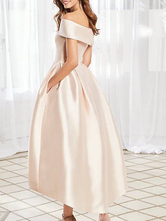 A-Line Mother of the Bride Dress Elegant Off Shoulder Ankle Length Satin Short Sleeve with Pleats - RongMoon